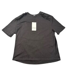 Zara Women Black Beaded Shoulder Fringe T-Shirt Short Sleeve Relaxed Fit S NEW